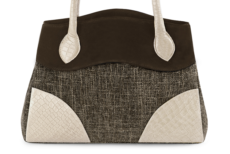 Dark brown and champagne white women's dress handbag, matching pumps and belts. Profile view - Florence KOOIJMAN